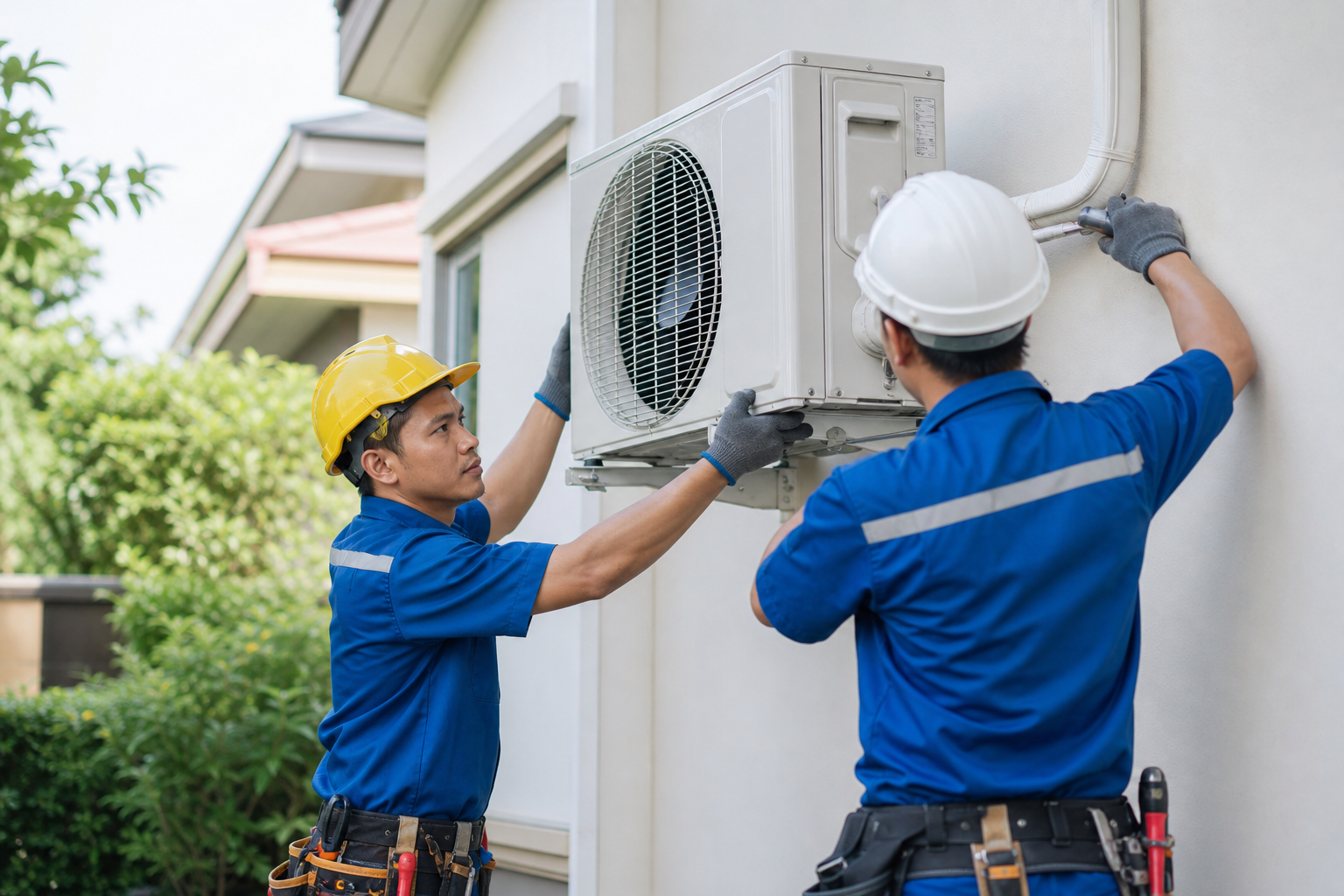 Teknisi memasang unit AC outdoor